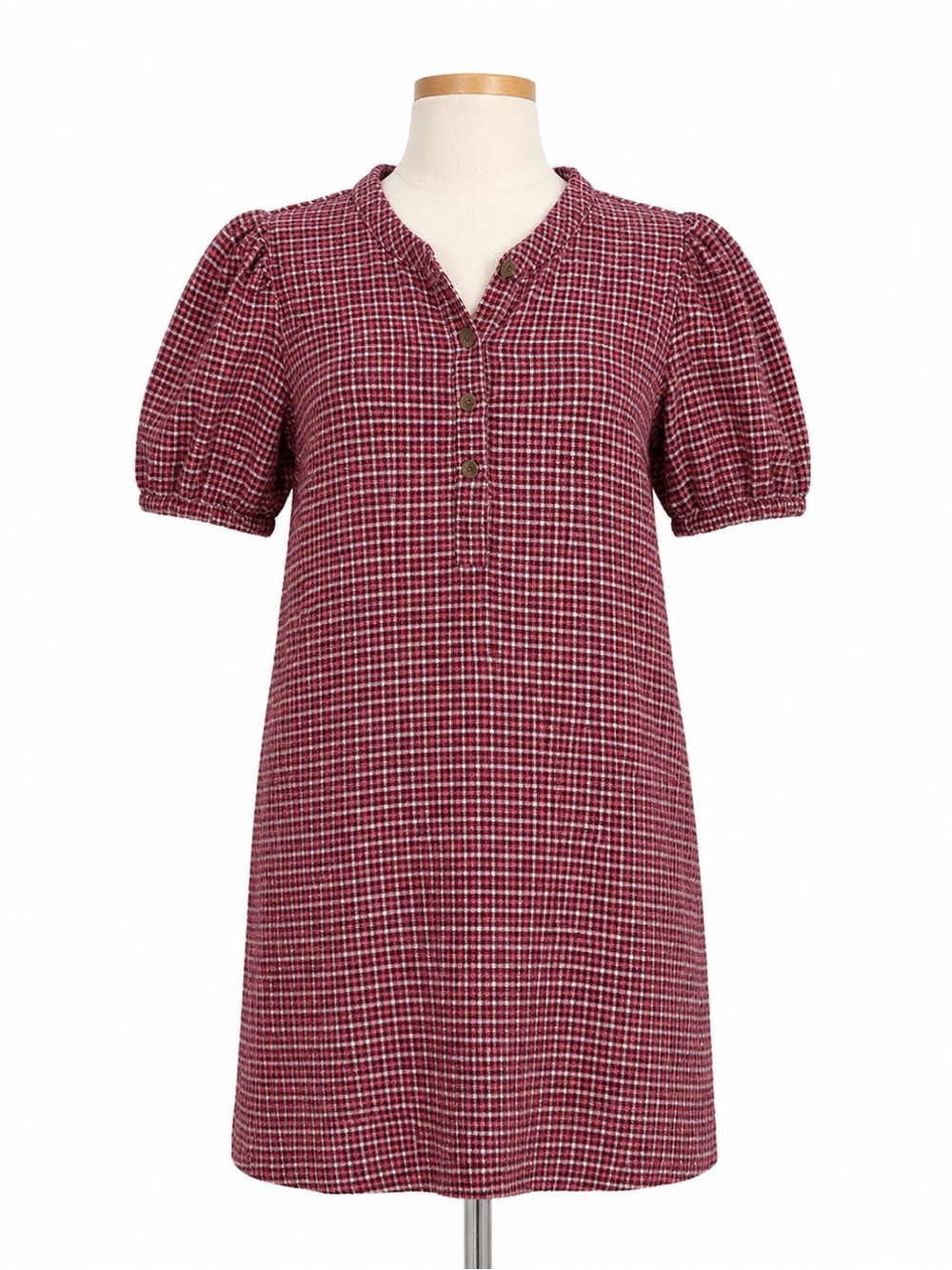 J. Crew Burgundy Plaid Puff-Sleeve Henley Shift Dress